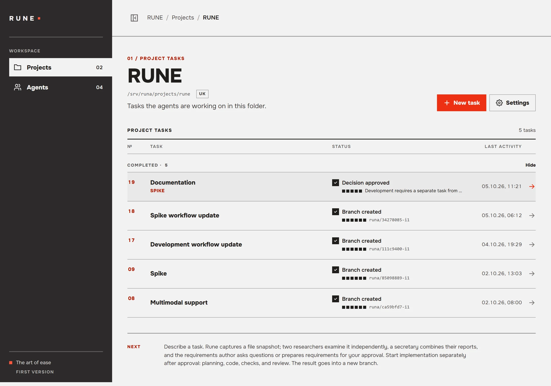 Rune workspace showing completed development tasks and an approved spike